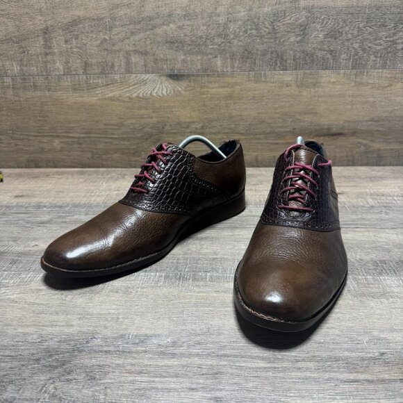 Cole Haan Colton Croc Embossed Brown Leather Saddle Shoes Men's Size 12 - Picture 1 of 9